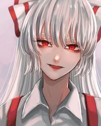 Rule 34 | 1girl, bow, commentary request, fujiwara no mokou, grey background, grey hair, hair bow, highres, long hair, looking at viewer, mamiru (42105269), open mouth, red eyes, solo, suspenders, touhou, upper body