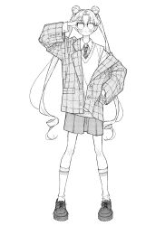 Rule 34 | 1girl, absurdres, adjusting eyewear, bishoujo senshi sailor moon, blush, collared shirt, double bun, full body, glasses, greyscale, hair bun, hand on own hip, highres, jacket, jacket partially removed, long hair, looking at viewer, monochrome, necktie, neginoaoitokoro, opaque glasses, parted bangs, shirt, shorts, socks, solo, striped necktie, suit jacket, sweater vest, tsukino usagi, twintails, white background, white shirt, white socks