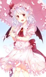 Rule 34 | 1girl, 817nono, :d, ascot, bat wings, blue hair, blush, brooch, dress, fang, female focus, highres, jewelry, looking at viewer, nonomiya (817nono), open mouth, parasol, petals, pink dress, puffy sleeves, red eyes, remilia scarlet, sash, short hair, smile, solo, touhou, umbrella, wings, wrist cuffs