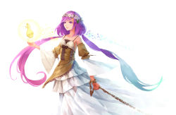 Rule 34 | 1girl, alternate costume, armpits, bare shoulders, biwa lute, chain, cuffs, detached sleeves, dress, flower, glowing, hand up, head wreath, highres, instrument, layered dress, long hair, looking to the side, low twintails, lute (instrument), open hand, open mouth, purple eyes, purple hair, rose, shackles, simple background, solo, touhou, tsukumo benben, twintails, very long hair, white background, white rose, yuren