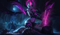 Rule 34 | 1girl, absurdres, armor, bikini armor, breasts, cleavage, colored skin, commentary, crescent moon, death, elbow gloves, english commentary, evelynn (league of legends), fiery hair, finger to mouth, fingernails, gloves, glowing, glowing eyes, grey skin, hair between eyes, highres, jessica oyhenart, knight, large breasts, league of legends, moon, naughty face, navel, night, official art, purple hair, sharp fingernails, sitting, sitting on person, slit pupils, solo focus, spiked hair, white hair, wings, yellow eyes