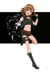Rule 34 | 1girl, absurdres, alternate costume, belt, black background, black choker, black collar, black footwear, black gloves, black jacket, black legwear, black shorts, boots, brown eyes, brown hair, choker, coin, collar, collarbone, crop top, electricity, electrokinesis, fantasy, female focus, fingerless gloves, flat chest, floating hair, flower, full body, gloves, glowing, grey gloves, hair between eyes, hair flower, hair ornament, hand up, head tilt, highres, hiyamizu yukie, holding, holding coin, holster, jacket, knee boots, looking at viewer, medium hair, midriff, misaka mikoto, nagatsuka yukie, navel, open clothes, open jacket, open mouth, outstretched arm, page number, psychic, red belt, science fiction, short shorts, short sleeves, shorts, smile, solo, standing, standing on one leg, stomach, thigh holster, thighs, toaru kagaku no railgun, toaru majutsu no index, tongue, two-tone background, unzipped, v-shaped eyebrows, white background, white flower