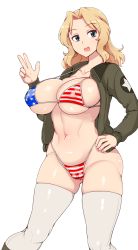 Rule 34 | 1girl, abubu, american flag bikini, bikini, blonde hair, breasts, cameltoe, cleavage, flag print, girls und panzer, green eyes, hand on own hip, highres, jacket, kay (girls und panzer), large breasts, medium hair, navel, open clothes, open jacket, open mouth, smile, solo, swimsuit, thick thighs, thighhighs, thighs, thong, thong bikini, toned, v, wide hips