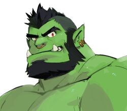 Rule 34 | 1boy, bara, beard, colored skin, facial hair, full beard, green skin, grin, large pectorals, looking at viewer, male focus, mature male, monster boy, muscular, muscular male, nose piercing, nose ring, nude, orc, original, pectorals, piercing, pointy ears, portrait, red eyes, saltypoundcake, smile, solo, thick beard, thick eyebrows, tormuk (saltypoundcake), tusks