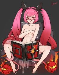 Rule 34 | 1girl, bad id, bad pixiv id, barefoot, black-framed eyewear, black bow, blush, book, bow, breasts, covering nipples, covering privates, cum, cum in mouth, cumdrip, facial, fire, glasses, grey background, grimoire, hair bow, hairband, hand up, highres, implied sex, laserflip, long hair, looking at viewer, navel, nude, open book, open mouth, pink eyes, signature, simple background, small breasts, smile, solo, spread legs, stomach bulge, tentacle sex, tentacles, trembling, twintails, very long hair, wangzhe rongyao