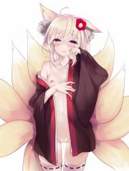 Rule 34 | 1girl, animal ears, bell, breasts, cowboy shot, crying, flower, fox ears, fox tail, hair flower, hair ornament, highres, inari (sennen sensou aigis), minchi (lordofthemince), nipples, open clothes, open shirt, pussy, pussy juice, red eyes, sennen sensou aigis, shirt, short hair, small breasts, solo, suggestive fluid, tail, tears, thighhighs, uncensored