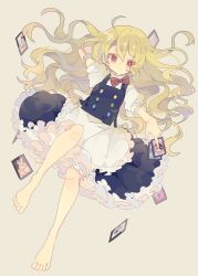 Rule 34 | 100th black market, 1girl, ahoge, apron, barefoot, black skirt, black vest, blonde hair, blush, bow, buttons, card, closed mouth, commentary, flask, frilled skirt, frills, hair between eyes, hand in own hair, highres, holding, holding card, kirisame marisa, long hair, looking at viewer, lying, multicolored buttons, nikorashi-ka, no headwear, on back, puffy short sleeves, puffy sleeves, red bow, red eyes, round-bottom flask, shirt, short sleeves, skirt, skirt set, smile, solo, touhou, very long hair, vest, waist apron, white shirt