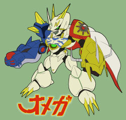 Rule 34 | cape, claws, digimon, digimon (creature), green eyes, highres, horns, omegamon, solo