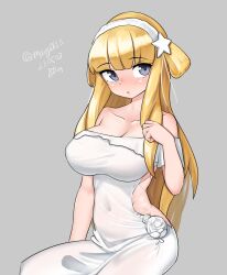 Rule 34 | 1girl, absurdres, blonde hair, breasts, cleavage, double bun, fletcher (kancolle), flower, grey background, hair bun, hair ornament, hairband, highres, kantai collection, large breasts, long hair, looking at viewer, maru (marg0613), official alternate costume, one-hour drawing challenge, purple eyes, rose, sitting, solo, star (symbol), star hair ornament, white flower, white hairband, white rose