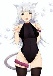 Rule 34 | 1girl, animal ears, bad id, bad pixiv id, bare shoulders, bell, black one-piece swimsuit, blush, breasts, cat ears, cat tail, check copyright, collarbone, commentary request, copyright request, covered navel, fangs, grey hair, highleg, l.tea, large breasts, looking at viewer, one-piece swimsuit, open mouth, original, paw print, smile, solo, swimsuit, tail, thighhighs