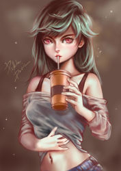 Rule 34 | 1girl, absurdres, black undershirt, blue shorts, brown background, commentary, copyright request, cup, david mccartney, drinking straw, eyelashes, green hair, grey shirt, highres, holding, holding cup, looking at viewer, navel, off-shoulder shirt, off shoulder, parted lips, pink eyes, shirt, shorts, signature, solo, undershirt