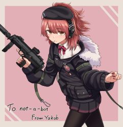 Rule 34 | 1girl, black hat, black pantyhose, blouse, collared shirt, commission, girls&#039; frontline, grey background, gun, h&amp;k mp7, hair between eyes, hat, machine pistol, mp7 (girls&#039; frontline), nail polish, name connection, object namesake, pantyhose, personal defense weapon, pink background, red hair, red nails, shirt, side ponytail, skeb commission, solo, submachine gun, suppressor, weapon, white shirt, yakob labo, yellow eyes