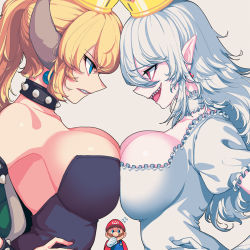 Rule 34 | 2girls, bare shoulders, black dress, blonde hair, blue eyes, blush, borrowed character, bowsette, breast contest, breast press, breasts, choker, cleavage, collar, commentary, crown, dress, earrings, elbow gloves, face-to-face, facial hair, fingernails, flying sweatdrops, frilled choker, frilled dress, frills, gloves, hands on own hips, hat, hip focus, horns, jewelry, large breasts, long fingernails, long hair, luigi&#039;s mansion, mario, mario (series), multiple girls, mustache, new super mario bros. u deluxe, nintendo, open mouth, pale skin, pointy ears, ponytail, princess king boo, profile, red eyes, revision, sharp teeth, silver hair, simple background, smile, strapless, strapless dress, studded bracelet, studded collar, sungwon, super crown, symmetrical docking, teeth, upper body, white background, white dress, white gloves