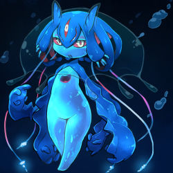 Rule 34 | 1girl, bioluminescence, blue hair, blue skin, bubble, colored sclera, colored skin, extra eyes, glowing, jellyfish, kamukamu6392, long arms, looking at viewer, monster girl, open mouth, original, red sclera, see-through, solo, tentacle hair, underwater, yellow eyes