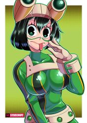 Rule 34 | 1girl, aged up, alternate hair length, alternate hairstyle, asui tsuyu, bodysuit, boku no hero academia, breasts, collarbone, frog girl, gloves, goggles, goggles on head, green bodysuit, highres, large breasts, long tongue, looking at viewer, short hair, solo, steve chopz, tongue