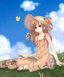 Rule 34 | 1girl, barefoot, book, bottle, brown hair, bug, butterfly, cloud, day, feet, grass, hat, indian style, insect, kuga tsukasa, long hair, off shoulder, outdoors, overalls, ribbon, shoes, sitting, sky, smile, sneakers, solo, sun hat, toes, unworn shoes