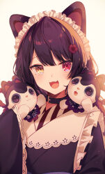 1girl :3 animal animal_ears animal_on_shoulder ban_(inui_toko) black_collar blush brown_hair brown_kimono collar commentary dog_ears dog_girl fang flower frills hair_flower hair_ornament heterochromia highres inui_toko inui_toko_(1st_costume) japanese_clothes ken_(inui_toko) kimono light_particles looking_at_viewer maid_headdress mizuki_fua nijisanji open_mouth red_eyes red_flower simple_background sleeves_past_fingers sleeves_past_wrists smile striped_clothes symbol-only_commentary twitter_username upper_body virtual_youtuber wide_sleeves yellow_background yellow_eyes