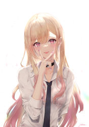 Rule 34 | 1girl, artist name, black choker, black necktie, blonde hair, choker, collarbone, commentary request, dated commentary, ear piercing, earrings, gradient hair, highres, jewelry, kitagawa marin, long hair, long sleeves, looking at viewer, multicolored hair, nail polish, necktie, partial commentary, piercing, pink hair, pink nails, red eyes, ring, shirt, signature, simple background, smile, solo, sono bisque doll wa koi wo suru, white background, white shirt, yuki haru