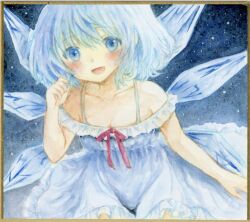 Rule 34 | 1girl, :d, adapted costume, armpit crease, bare arms, blue background, blue dress, blue eyes, blue hair, blush, breasts, cirno, cleavage, cowboy shot, dress, frills, happy, ice, ice wings, leaning forward, lily k oekaki, looking at viewer, medium hair, off-shoulder dress, off shoulder, open mouth, painting (medium), petite, simple background, small breasts, smile, solo, touhou, traditional media, watercolor (medium), wings