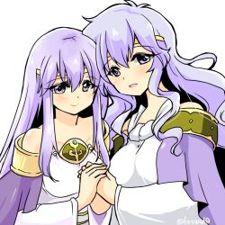 Rule 34 | 2girls, bare shoulders, cape, circlet, deirdre (fire emblem), dress, fire emblem, fire emblem: genealogy of the holy war, holding hands, julia (fire emblem), long hair, looking at viewer, mother and daughter, multiple girls, nintendo, purple cape, purple eyes, purple hair, simple background, wide sleeves, yukia (firstaid0)