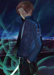 Rule 34 | 1boy, absurdres, black pants, blue eyes, blue jacket, brown hair, building, city, cityscape, closed mouth, cowboy shot, expressionless, eyewear on head, glowing, glowing weapon, hand in pocket, high collar, highres, holding, jacket, jin yuuichi, long sleeves, looking at viewer, male focus, oki xfourty, outdoors, pants, rooftop, shirt, short hair, solo, standing, sword, uniform, weapon, white shirt, world trigger