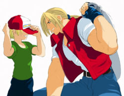 Rule 34 | 2boys, age difference, belt, black belt, blonde hair, blue hairband, blue pants, child, covered eyes, denim, face, fatal fury, fingerless gloves, garou: mark of the wolves, garou mark of the wolves, gloves, green shirt, hairband, hat, long hair, lowres, multicolored clothes, multicolored hat, multiple boys, muscular, muscular male, official art, pants, ponytail, red vest, rock howard, senno aki, shirt, short hair, simple background, smile, snk, squatting, terry bogard, the king of fighters, vest, white background, white shirt
