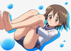 Rule 34 | 00s, 1girl, awa, barefoot, feet, jaggy lines, lowres, miyafuji yoshika, no pants, oekaki, solo, strike witches, swimsuit, swimsuit under clothes, world witches series