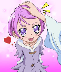 Rule 34 | 1girl, aged down, blush, cure sword, dokidoki! precure, dress, eyelashes, gradient background, happy, heart, highres, kenzaki makoto, looking at viewer, magical girl, open mouth, precure, purple dress, purple eyes, purple hair, purple skirt, ruffling hair, short hair, skirt, smile, solo, watosonshi