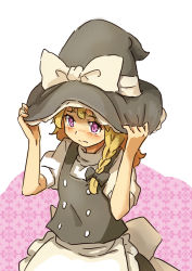Rule 34 | 1girl, apron, blonde hair, blush, bow, braid, dress, embarrassed, female focus, hair bow, hands on headwear, hat, hat bow, hat grab, heart, heart-shaped pupils, kirisame marisa, looking up, shibasaki shouji, short hair, solo, symbol-shaped pupils, tears, touhou, white background, witch, witch hat