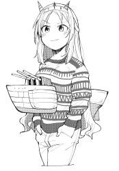 Rule 34 | 1girl, alternate costume, cannon, commentary request, cowboy shot, greyscale, hairband, hands in pockets, headgear, highres, kantai collection, long hair, long sleeves, machinery, maku-raku, monochrome, nelson (kancolle), no nose, pants, print sweater, smile, solo, sweater, turret