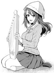 Rule 34 | 1girl, bonkara (sokuseki maou), commentary, dress shirt, full body, girls und panzer, greyscale, hat, highres, holding, holding instrument, instrument, kantele, keizoku school uniform, loafers, long hair, long sleeves, looking at viewer, mika (girls und panzer), miniskirt, monochrome, open mouth, pleated skirt, school uniform, seiza, shirt, shoes, sitting, skirt, smile, socks, solo, striped clothes, striped shirt, vertical-striped clothes, vertical-striped shirt