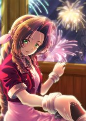 Rule 34 | 1boy, 1girl, aerith gainsborough, armor, blonde hair, bracelet, braid, brown hair, buttons, choker, cloud strife, dress, final fantasy, final fantasy vii, fireworks, gloves, gold saucer, gondola, green eyes, hatiware12, hetero, highres, holding hands, jacket, jewelry, necklace, pink dress, puffy sleeves, red jacket, reflection, ribbon, shoulder armor, smile, spiked hair, square enix, wavy hair, window