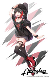 Rule 34 | 1girl, afterglow (bang dream!), apple caramel, arm up, armband, artist name, bang dream!, beret, black choker, black hair, black hat, black shirt, black thighhighs, boots, character name, choker, collarbone, commentary request, full body, hair between eyes, hat, high heel boots, high heels, highres, instrument case, looking at viewer, mitake ran, multicolored hair, red eyes, red footwear, red hair, shirt, short sleeves, solo, streaked hair, thighhighs, torn clothes, torn thighhighs, v-shaped eyebrows, white background