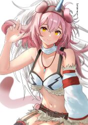 Rule 34 | 1girl, absurdres, animal ears, arknights, breasts, cat ears, cat girl, cat tail, cleavage, collarbone, commentary request, cosplay, goldenglow (arknights), hairband, highres, horns, jewelry, kirin (armor), large breasts, long hair, midriff, monster hunter (series), navel, necklace, pink hair, single horn, smile, solo, sora mame (princess 0sora), sweat, tail, thighhighs, translation request, yellow eyes