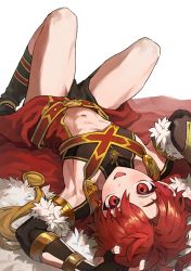 Rule 34 | 1boy, alexander (fate), braid, cape, fate/grand order, fate (series), fingerless gloves, gloves, hair between eyes, highres, long hair, looking at viewer, male focus, monza (saeumon), navel, open mouth, red eyes, red hair, revision, simple background, single braid, smile, solo, upside-down, white background