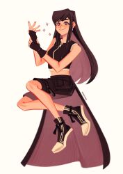 Rule 34 | 1girl, artist name, bare shoulders, black gloves, black hair, black shorts, black tank top, cape, commentary, crop top, english commentary, final fantasy, final fantasy vii, fingerless gloves, full body, gloves, highres, long hair, looking to the side, midriff, nanariemi, red eyes, shoes, shorts, simple background, smile, sneakers, solo, tank top, tifa lockhart, white background