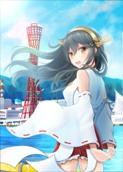 Rule 34 | 1girl, absurdres, bad id, bad pixiv id, black hair, brown eyes, building, cityscape, day, detached sleeves, frilled skirt, frills, hair ornament, hairband, hairclip, haruna (kancolle), headgear, highres, japanese clothes, jewelry, kantai collection, kobe, kobe port tower, long hair, matsu (matsubozu867), nontraditional miko, outdoors, red skirt, ribbon-trimmed sleeves, ribbon trim, ring, skirt, solo, wedding band