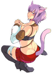 Rule 34 | 10s, 1girl, animal ears, ass, back, bare shoulders, black footwear, boots, breasts, butt crack, cat ears, cat tail, cleavage, detached sleeves, eroe, final fantasy, final fantasy xiv, hands up, kneeling, looking at viewer, looking back, miniskirt, miqo&#039;te, pleated skirt, purple eyes, purple hair, red skirt, short hair, simple background, sitting, skirt, solo, tail, thighhighs, wariza, white background