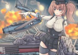 Rule 34 | 1girl, absurdres, aircraft, airplane, atlanta (kancolle), battle, blue eyes, blurry, blurry background, brown hair, cowboy shot, high-waist skirt, highres, kantai collection, pointing, shikabiscuit, skirt, solo, tbf avenger, two side up, war