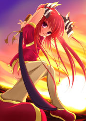 Rule 34 | 1girl, china dress, chinese clothes, dress, kooh, merumeru, pangya, purple eyes, red hair, solo, sunset, sword, thighhighs, twintails, weapon