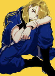 Rule 34 | 1girl, absurdres, aiguillette, arm on knee, arm pillow, black footwear, black shirt, blonde hair, blue jacket, blue pants, boots, brown eyes, eyelashes, fullmetal alchemist, hair between eyes, hand on own arm, head rest, highres, jacket, jacket on shoulders, jewelry, knee up, long hair, looking at viewer, military, military uniform, ozaki (tsukiko3), pants, pants tucked in, parted lips, riza hawkeye, shirt, short sleeves, simple background, sitting, solo, star (symbol), uniform, wristband, yellow background
