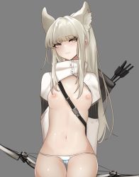 Rule 34 | 1girl, animal ear fluff, animal ears, arknights, arms behind back, arrow (projectile), blonde hair, blush, bow (weapon), breasts, closed mouth, cowboy shot, frown, grey background, highres, holding, holding bow (weapon), holding weapon, horse ears, long hair, long sleeves, looking at viewer, lowleg, lowleg panties, lumc, navel, panties, platinum (arknights), ponytail, quiver, shrug (clothing), sidelocks, simple background, small breasts, solo, stomach, striped clothes, striped panties, thigh gap, underwear, weapon, white panties, yellow eyes