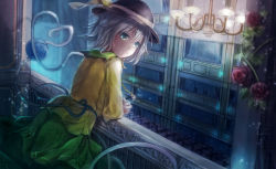 Rule 34 | 1girl, bad id, bad pixiv id, building, cross, eyeball, flower, green eyes, green hair, hair ribbon, hat, heart, heart of string, highres, jewelry, komeiji koishi, lamp, light particles, long sleeves, looking at viewer, looking back, matching hair/eyes, necklace, pupil g, ribbon, rose, shirt, short hair, skirt, smile, solo, string, theater, third eye, touhou