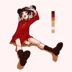 Rule 34 | 1girl, arm up, between legs, boots, brown footwear, brown hair, china dress, chinese clothes, color guide, double bun, dress, earrings, full body, gaako illust, hair bun, hand between legs, highres, jewelry, legs apart, long sleeves, looking to the side, open mouth, original, red dress, short dress, short hair, sitting, solo, tassel, tassel earrings, tongue, tongue out, v