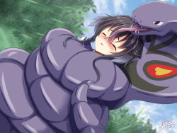 Rule 34 | 1girl, anchor symbol, arbok, blue sailor collar, blush, bound, closed eyes, cloud, commentary request, commission, constriction, creatures (company), crossover, dated, day, fangs, game freak, gen 1 pokemon, gradient hair, grass, hair between eyes, kantai collection, multicolored hair, nintendo, outdoors, parted lips, pokemon, pokemon (creature), sailor collar, short hair with long locks, signature, skeb commission, sky, tokitsukaze (kancolle), tongue, yamu (reverse noise)