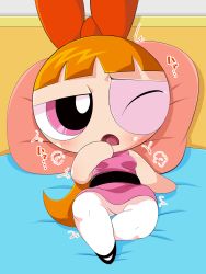 Rule 34 | 1girl, bare arms, bare shoulders, blossom (ppg), bow, breasts, dress, hair bow, highres, japanese text, long hair, looking at viewer, one eye closed, open mouth, orange hair, pillow, pink dress, pink eyes, plar0846, powerpuff girls, small breasts, solo, white legwear