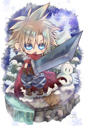 Rule 34 | 1boy, arestear0701, baggy pants, belt, blonde hair, blue eyes, blue pants, blue shirt, blush, boots, brown footwear, brown gloves, buster sword, chibi, cloak, cloud strife, earrings, final fantasy, final fantasy vii, full body, gloves, hair between eyes, highres, holding, holding sword, holding weapon, huge weapon, ice, jewelry, kingdom hearts, male focus, official alternate costume, open mouth, outdoors, pants, parted bangs, pine tree, red cloak, shirt, short hair, single earring, sleeveless, sleeveless shirt, snow, snowflakes, snowman, solo, spiked hair, standing, sword, thigh belt, thigh strap, torn cloak, torn clothes, tree, v-shaped eyebrows, weapon
