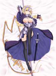 Rule 34 | 1girl, arm behind head, armor, armored dress, bad id, bad pixiv id, black thighhighs, blonde hair, blue eyes, blush, breasts, breasts out, capelet, chain, dakimakura (medium), fate/grand order, fate (series), flag, flagpole, full body, gauntlets, hair ribbon, hand to own mouth, highres, jeanne d&#039;arc (fate), jeanne d&#039;arc (ruler) (fate), large breasts, light blush, long hair, looking at viewer, lying, neps-l, nipples, on back, pussy, ribbon, scabbard, sheath, sheathed, solo, sword, thighhighs, uncensored, very long hair, weapon