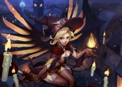 Rule 34 | 1girl, blonde hair, blue eyes, broom, broom riding, candle, fire, fire, floating, hat, highres, looking at viewer, lucidsky, mechanical wings, mercy (overwatch), midair, official alternate costume, overwatch, overwatch 1, smile, solo, wings, witch, witch hat, witch mercy