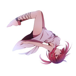 Rule 34 | 1girl, ankle lace-up, arched back, bad id, bad pixiv id, bare legs, barefoot, cross-laced footwear, full body, kudou (90n), magi the labyrinth of magic, morgiana, pink eyes, pink hair, short hair, side ponytail, simple background, sleeveless, solo, upside-down